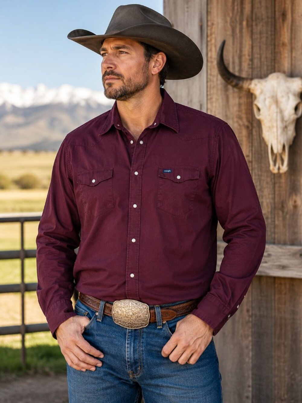Wrangler Western Pearl Snap Shirt Burgundy Cotton 3XT Tall Cowboy